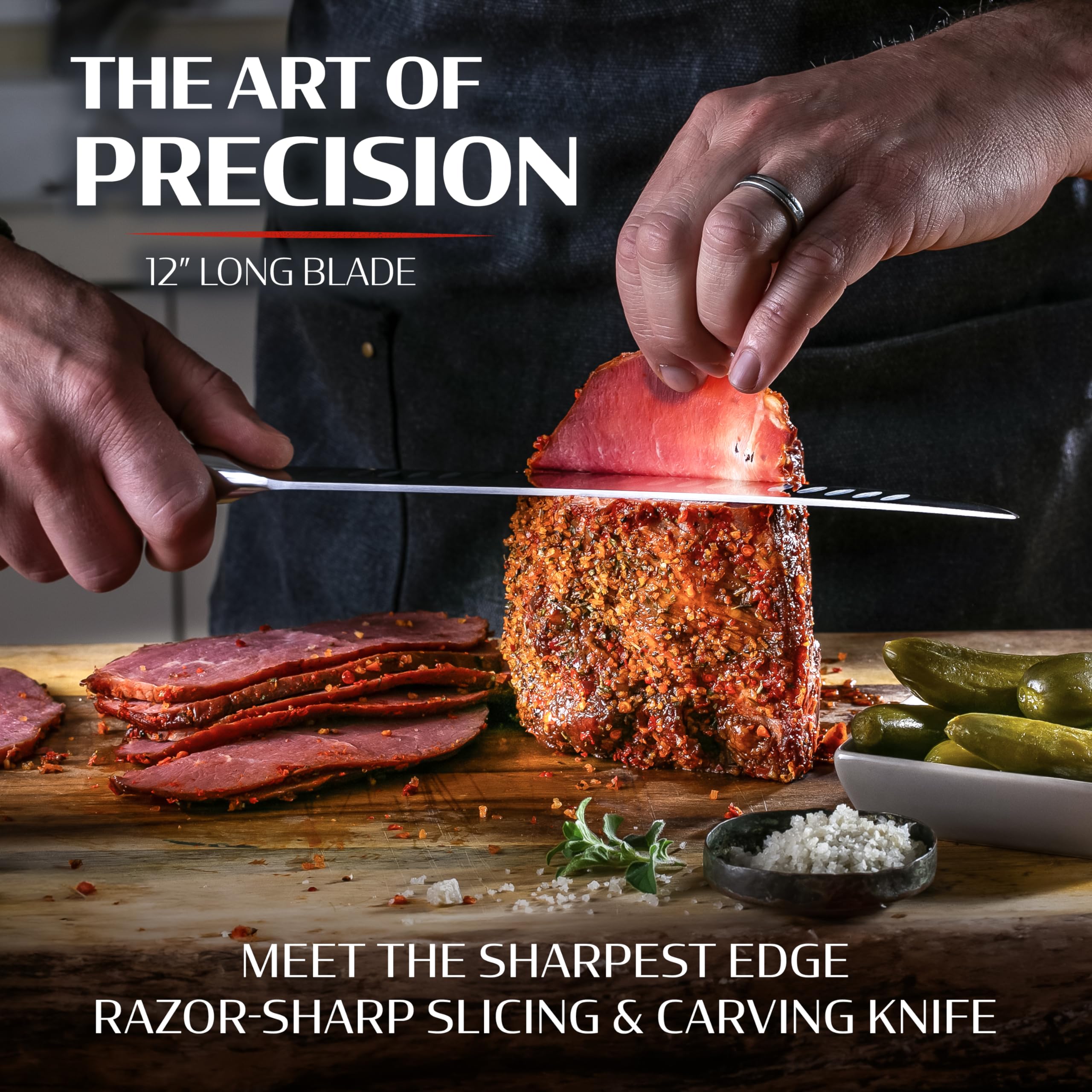 Vos 12'' Carving & Brisket Knife - Razor Sharp German Steel Butcher & Slicing Knife with Ergonomic Handle - Perfect for Meat, Bread, Cheese - Gift Box Included - BBQ & Kitchen Essential