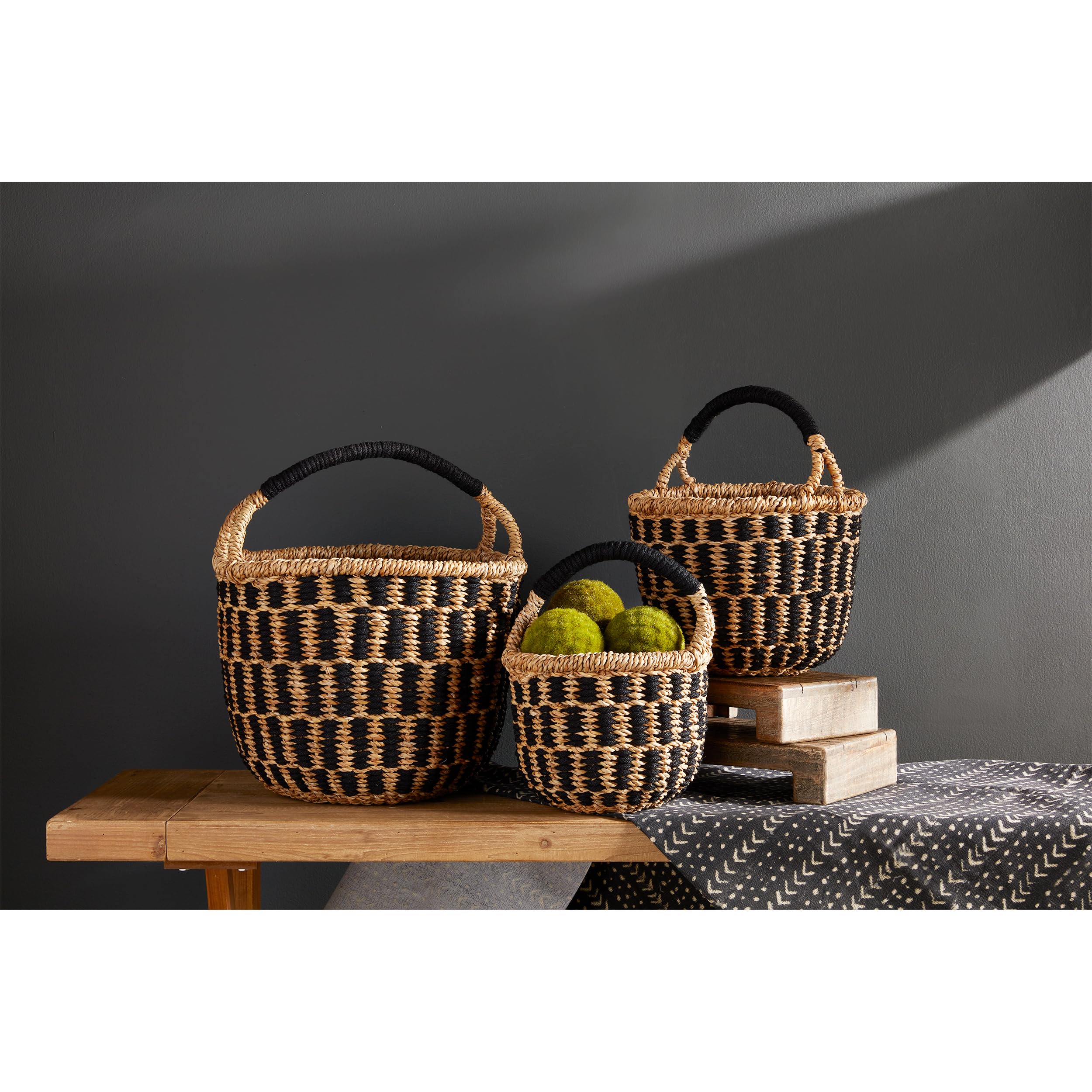 Mud Pie Black Woven Basket Set; small 8" x 10" dia | medium 9" x 12" | large 12" x 14"