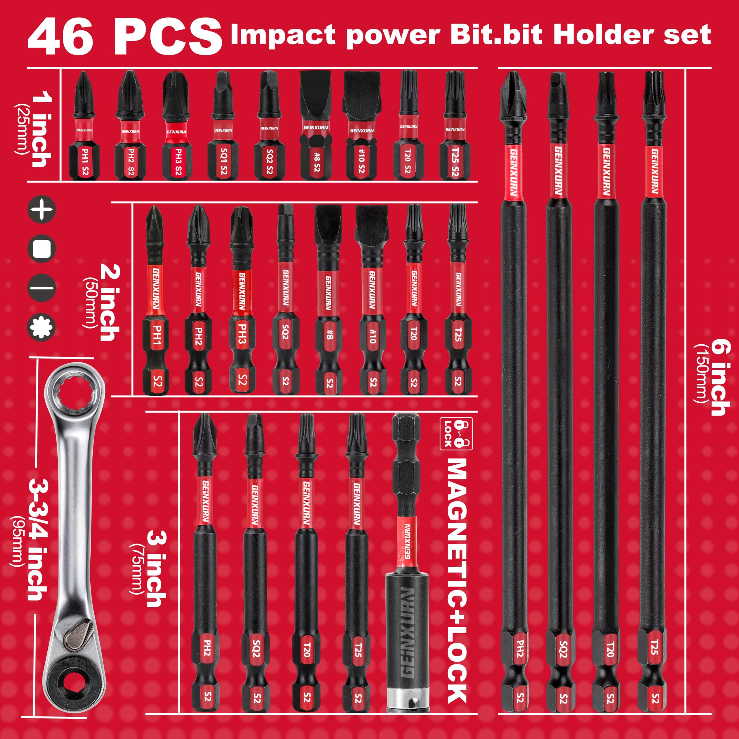 GEINXURN Impact Tough Magnetic Mixed 46Pack Insert Driver Bits, S2 Alloy Steel Screwdriver Power Bits Set with 1Pcs Impact Magnetic Bit Holder and Mini Wrench