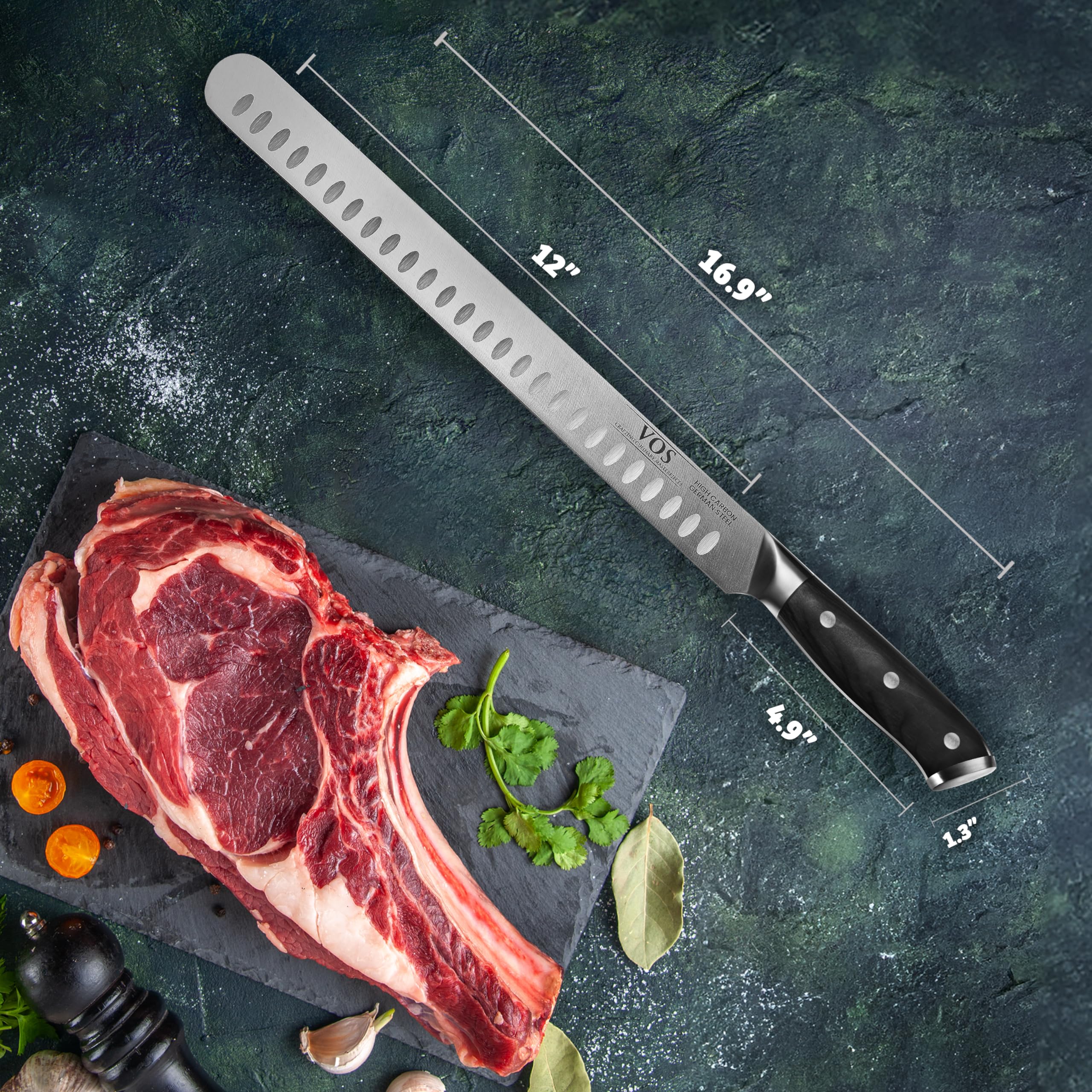 Vos 12'' Carving & Brisket Knife - Razor Sharp German Steel Butcher & Slicing Knife with Ergonomic Handle - Perfect for Meat, Bread, Cheese - Gift Box Included - BBQ & Kitchen Essential