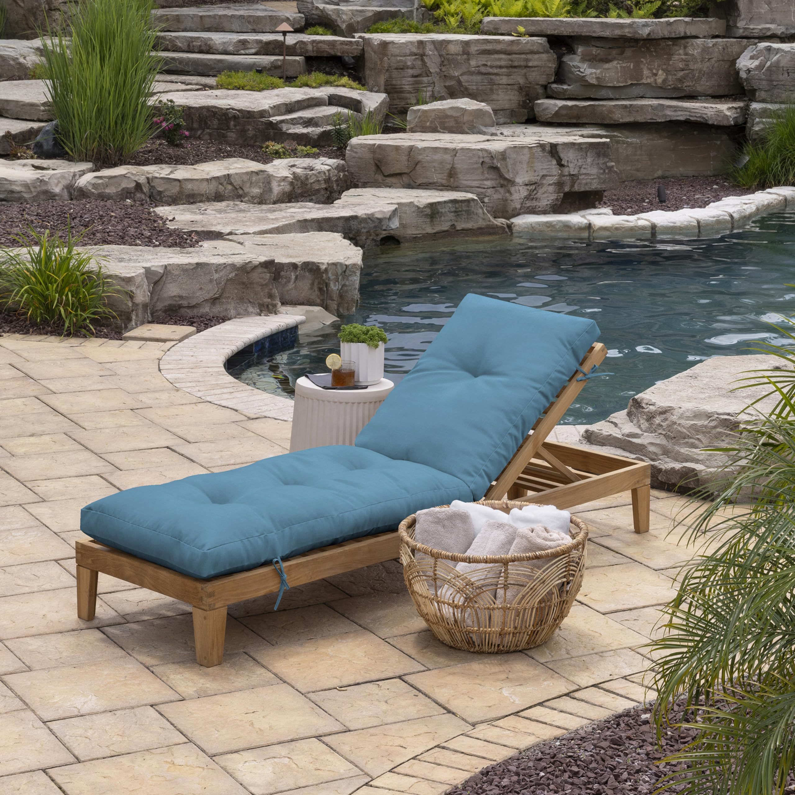 Arden Selections Outdoor Plush Modern Tufted Chaise Cushion, 76 x 22, Water Repellent, Fade Resistant, Tufted Cushion for Chaise Lounger 76 x 22, French Blue Texture