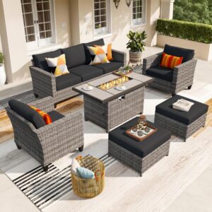 ovios 6 pieces patio furniture set with 42 inches fire pit table, outdoor wicker rattan sofa sets with comfy cushions, all weather high back couch conversation set, black