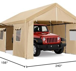 ACONEE Carport 13×20 FT Heavy Duty Car Canopy with Ventilated Windows, Removable Sidewalls & Zipper Doors, Portable Garage Boat Shelter Tent Outdoor, Waterproof All-Season Tarp for SUV, Car, Truck