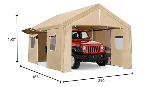 ACONEE Carport 13×20 FT Heavy Duty Car Canopy with Ventilated Windows, Removable Sidewalls & Zipper Doors, Portable Garage Boat Shelter Tent Outdoor, Waterproof All-Season Tarp for SUV, Car, Truck