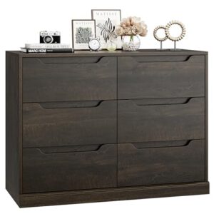 hostack modern 6 drawer dresser for bedroom, double chest of drawers with storage, large wooden storage dresser organizer with cut-out handle, accent storage cabinet for living room, dark brown