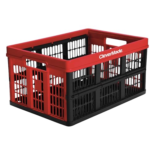 CleverMade Collapsible Utility Crate, Red, 1PK - 45L (11 Gal) Collapsible Storage Bins, Holds 66lbs Per Bin - Plastic Stackable Grated Wall Utility Containers, CleverCrates Baskets