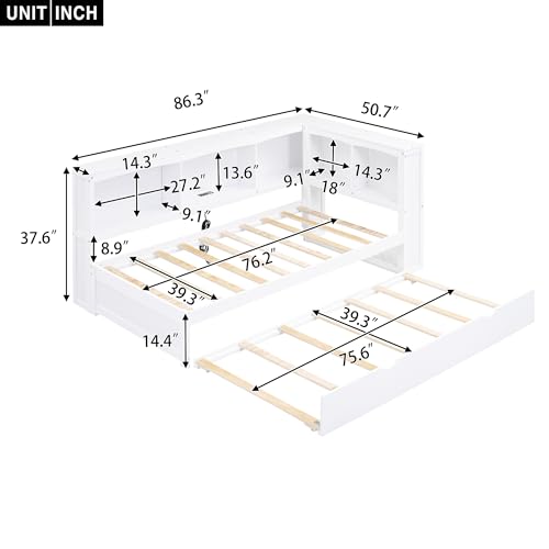 LostCat Twin Size Daybed with Trundle and L-Shaped Bookcase Storage, Wooden Day Bed Frame w/USB Plug and Storage Cabinets, Twin Sofa Bed Frame for Bedroom Guest Room, White