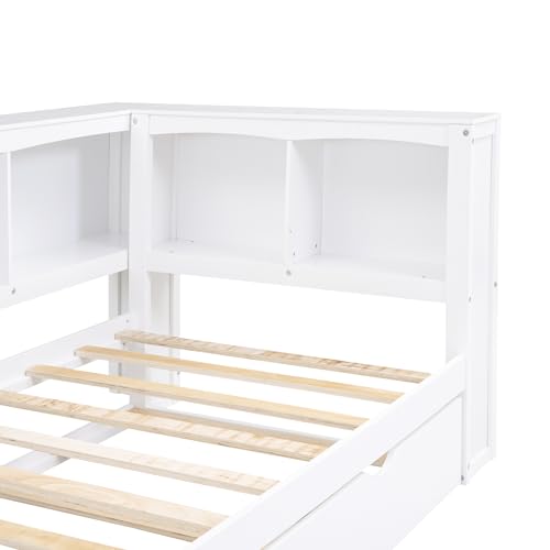 LostCat Twin Size Daybed with Trundle and L-Shaped Bookcase Storage, Wooden Day Bed Frame w/USB Plug and Storage Cabinets, Twin Sofa Bed Frame for Bedroom Guest Room, White