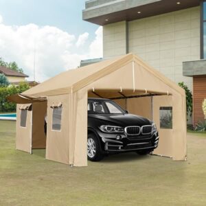 ACONEE Carport 13×20 FT Heavy Duty Car Canopy with Ventilated Windows, Removable Sidewalls & Zipper Doors, Portable Garage Boat Shelter Tent Outdoor, Waterproof All-Season Tarp for SUV, Car, Truck