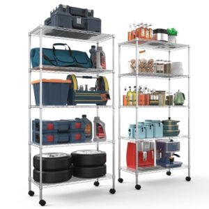 5 tier nsf wire shelf shelving unit, 14 x 30 x 60 inch 750lbs capacity adjustable storage metal rack with wheels/leveling feet & shelf liners, ideal for kitchen, office home and more - chrome set of 2