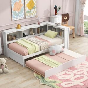 LostCat Twin Size Daybed with Trundle and L-Shaped Bookcase Storage, Wooden Day Bed Frame w/USB Plug and Storage Cabinets, Twin Sofa Bed Frame for Bedroom Guest Room, White