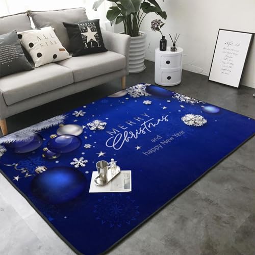 Area Rug Christmas Blue Ball Fir Branch Snowflake 5x7 Feet Soft Pad Non Slip for Living Room Bedroom Dorm Nursery Carpet Indoor Home Decor