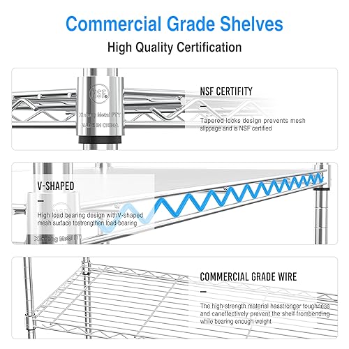 5 Tier NSF Wire Shelf Shelving Unit, 14 x 30 x 60 Inch 750lbs Capacity Adjustable Storage Metal Rack with Wheels/Leveling Feet & Shelf Liners, Ideal for Kitchen, Office Home and More - Chrome Set of 2