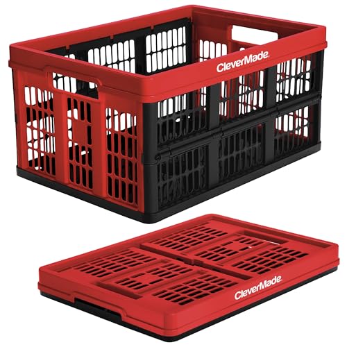 CleverMade Collapsible Utility Crate, Red, 1PK - 45L (11 Gal) Collapsible Storage Bins, Holds 66lbs Per Bin - Plastic Stackable Grated Wall Utility Containers, CleverCrates Baskets