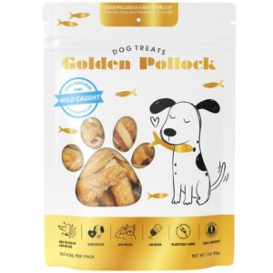 golden pollock - fish dog treat - 100% pollock - grain free - human grade - all natural - single ingredient - air dried - 3 ounces