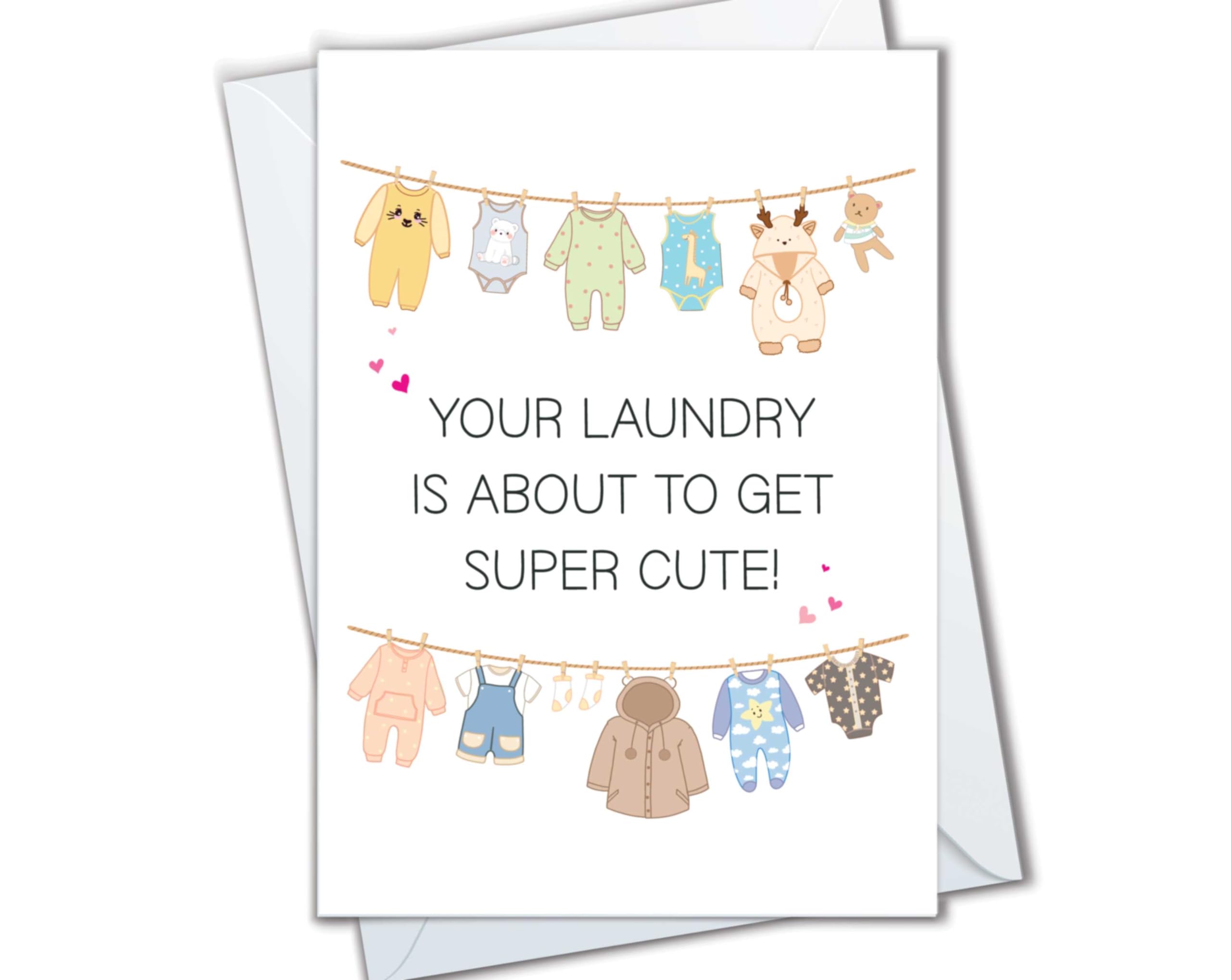 Baby Shower Cards, New Baby Congratulations Gift for New Parents, Cute Laundry Is About to Get Cute Card, Gender Reveal Congrats Pregnancy Card (Cute Laundry - Neutral)