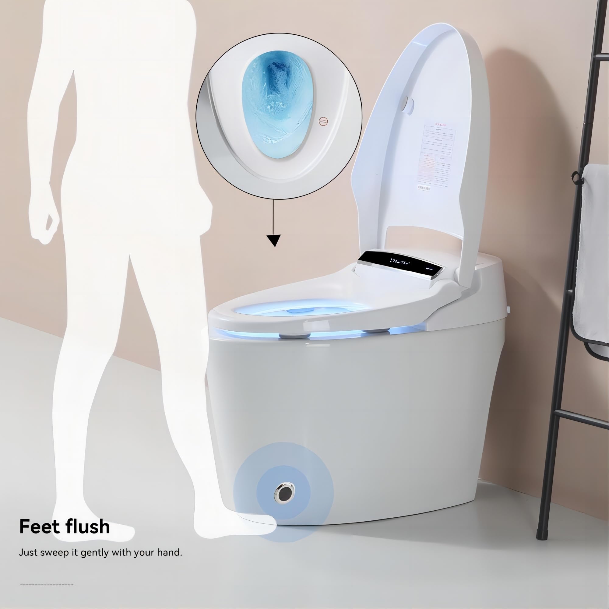 Automatic Flushing, Manual Flipping, Modern Classic Elongated with Dryer, Warm water, Foot Sensor Operation, Heated Bidet Seat, Tankless Smart Toilet with LED Display