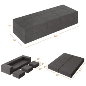 Vivaadecor 80'' Folding Bed Couch, Foam Floor Sofa with 3Ottomans& Washable Velvet Cover,Modular Sectional Sofa Futon Sleeper Convertible Memory Mattress for Guest/Living Room/Playroom,Queen,Deep Grey