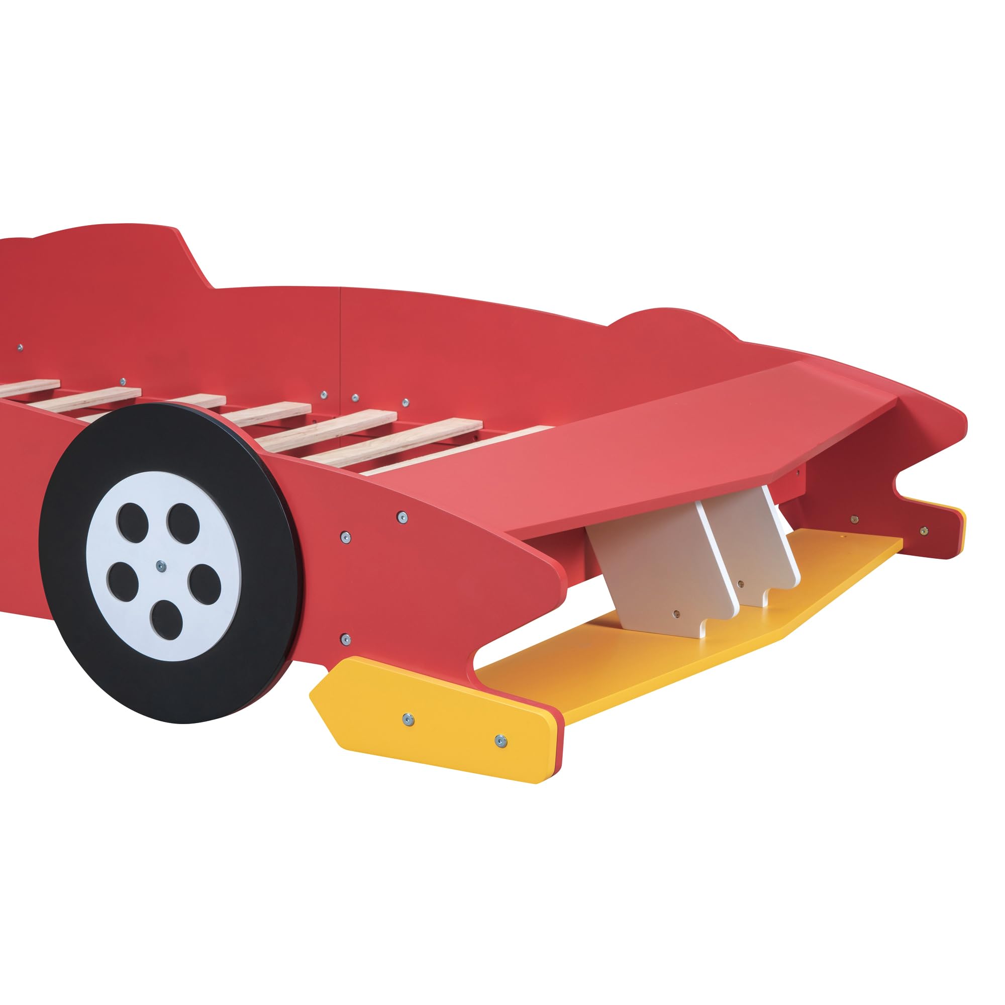 Full Size Race Car-Shaped Platform Bed with Wheels, Unique Wooden Car Bed Frame with Guardrails and Slat Support for Kids Boys Girls Teens Bedroom Furniture, No Box Spring Needed (Red-03, Full)