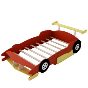 Full Size Race Car-Shaped Platform Bed with Wheels, Unique Wooden Car Bed Frame with Guardrails and Slat Support for Kids Boys Girls Teens Bedroom Furniture, No Box Spring Needed (Red-03, Full)