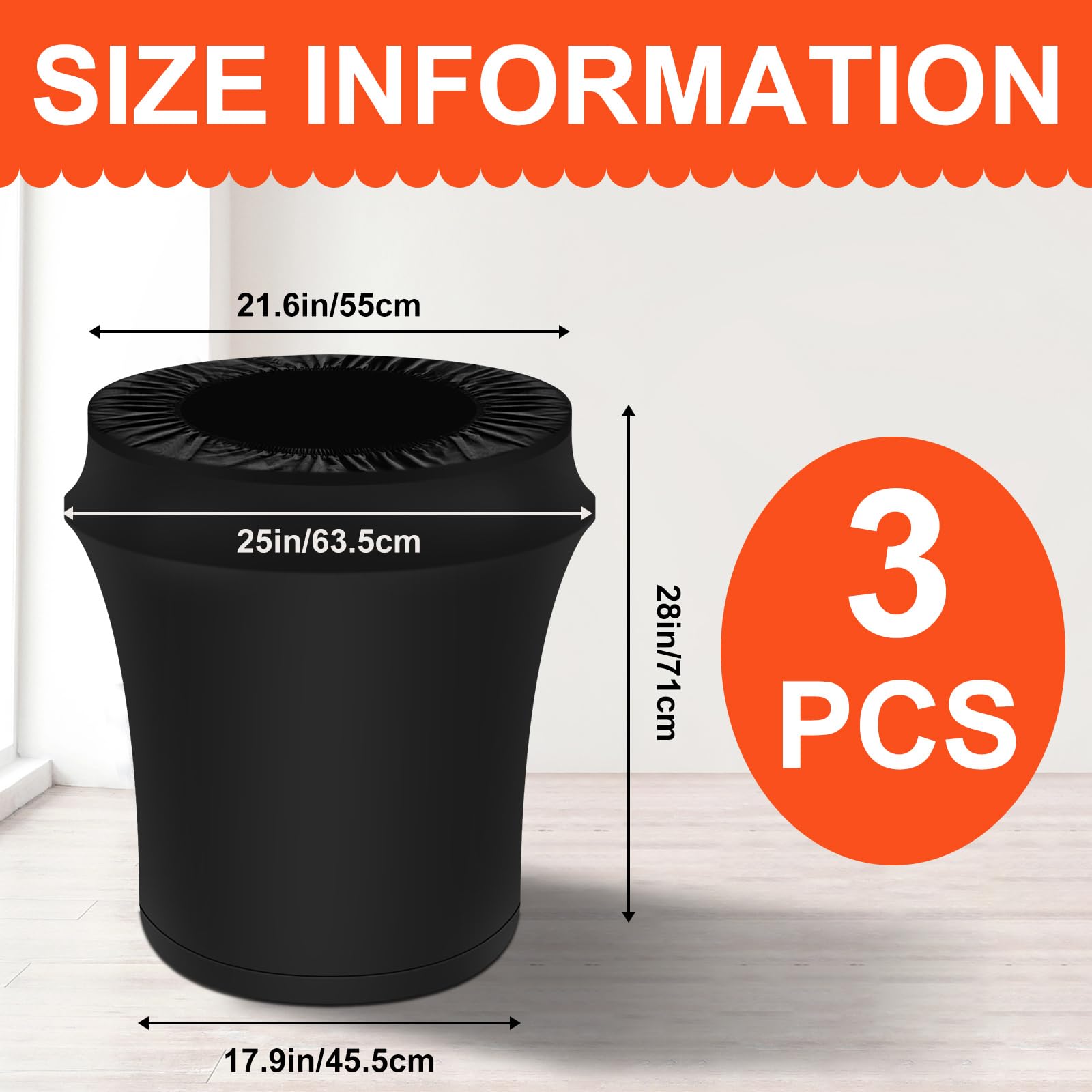 3pcs 32 Gallon Stretch Spandex Trash Can Covers, Premium Black Outdoor Waste Container Cover Fitted Garbage Can Cover for Round Waste Container Bin, Not Include Tran Can