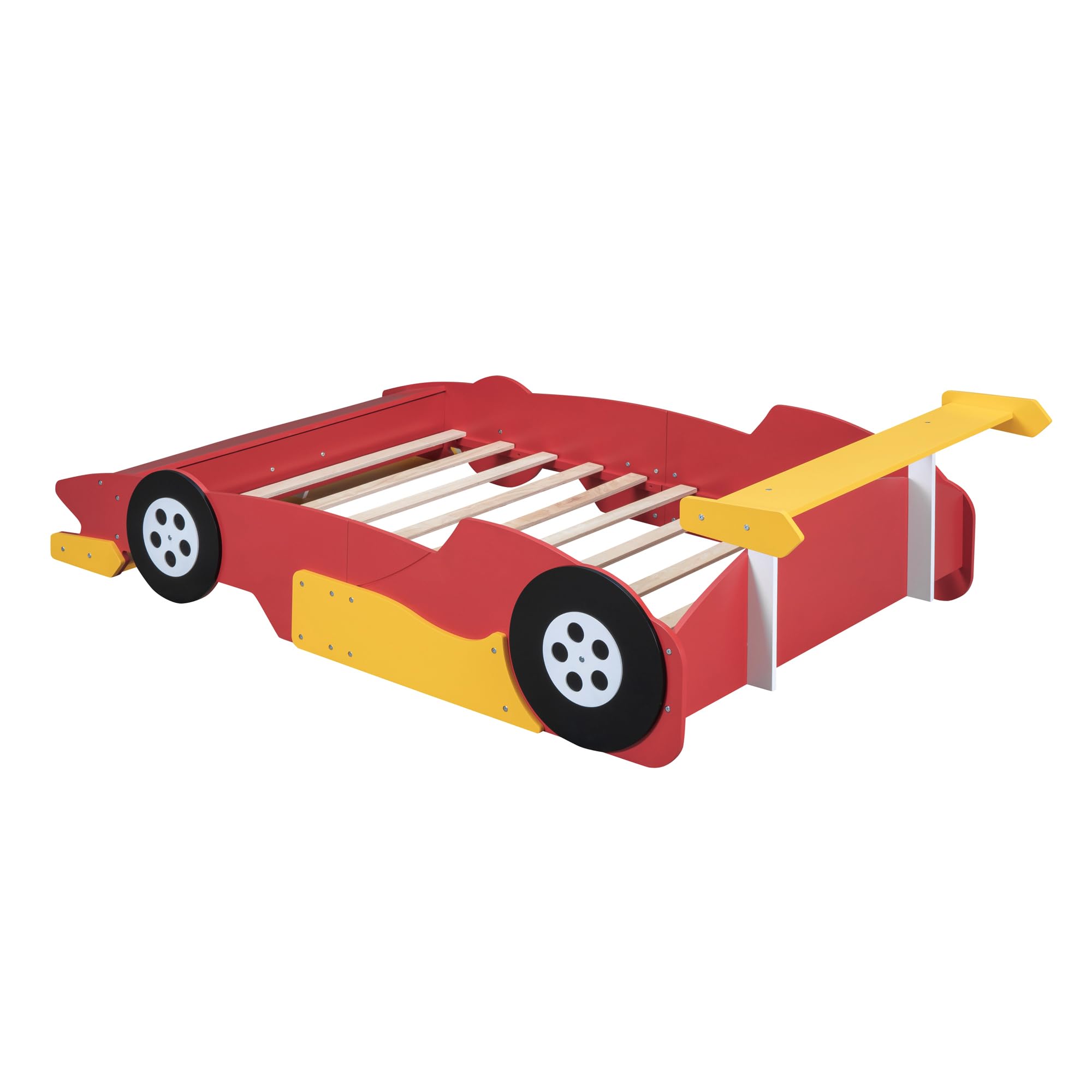 Full Size Race Car-Shaped Platform Bed with Wheels, Unique Wooden Car Bed Frame with Guardrails and Slat Support for Kids Boys Girls Teens Bedroom Furniture, No Box Spring Needed (Red-03, Full)