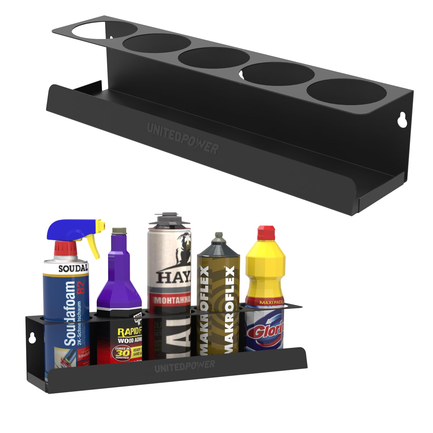 UNITEDPOWER 5 Aerosol Spray Can Holder, Paint Bottle Storage Rack, Steel Wall Mount Shelf, Tool Organizer for Garage, Craft Workspace and Home