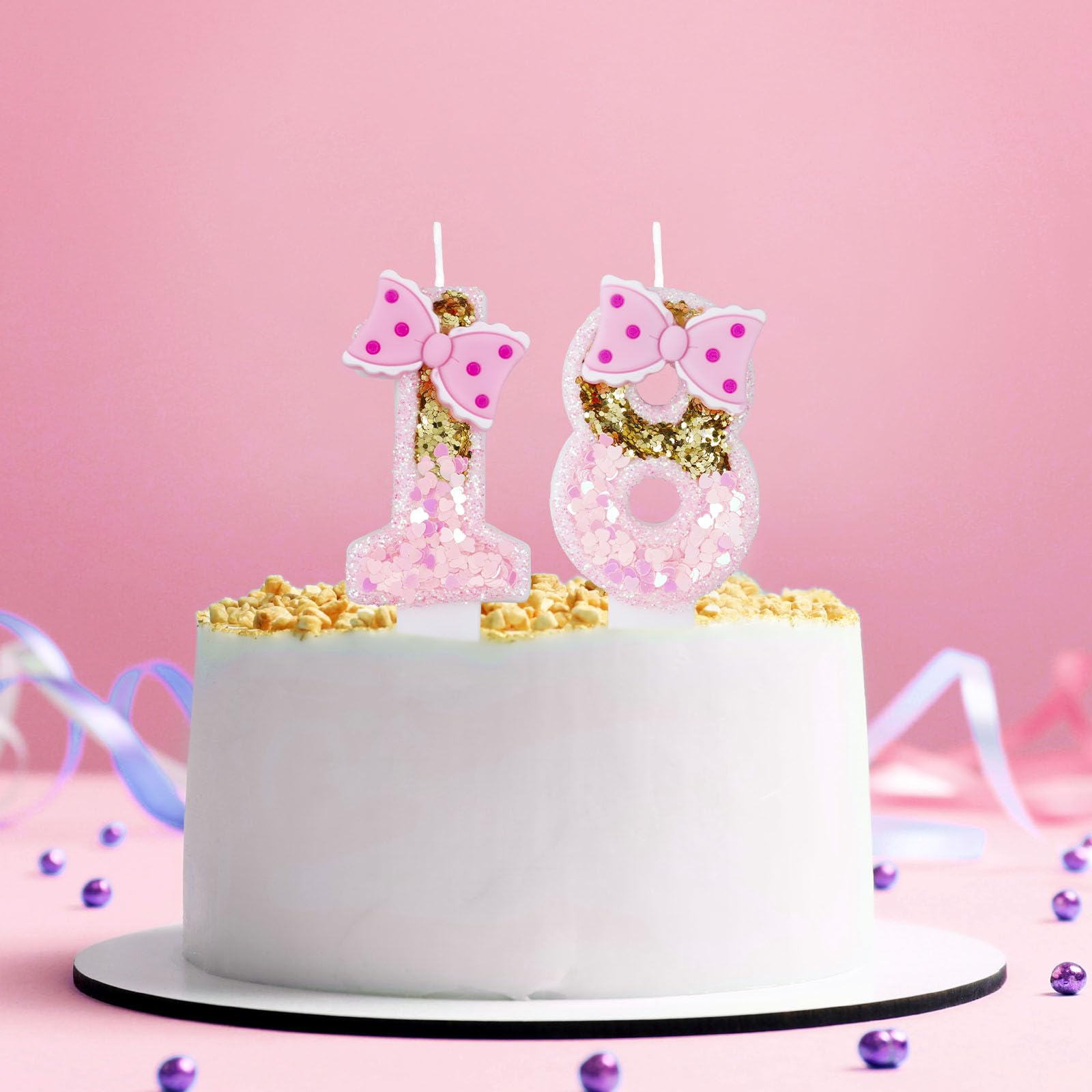 Girls Pink 1 Number Birthday Candles, Gold Glitter Pink Number Candles with Bow, Cake Number 1 Birthday Candles for Cake, Candles for Cake, Happy 1st Birthday Party Decoration Celebration for Girls