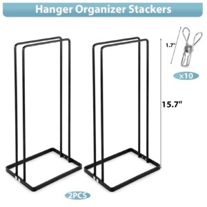 HAKDAY 2PCS Hanger Organizer Stacker with 10pcs Stainless Steel Clamps, Hanger Stacker Hold up 110 Wire Hangers for Hanger Storage Organizer, Hanger Rack Stand for Adult Child Velvet Pants Hangers