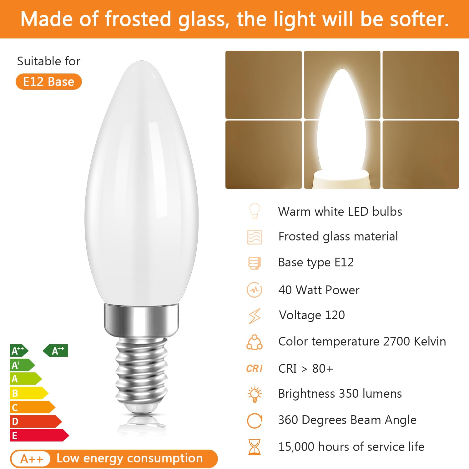 USOWAY E12 4W LED Frosted Candelabra 40W Equivalent, Frosted Glass, 2700K Warm White, 350 Lumens, Candle Light Bulbs (6)