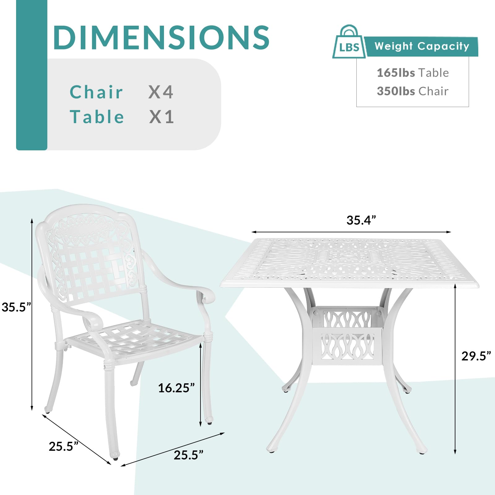 MEETWARM 5-Piece Outdoor Patio Dining Set, All-Weather Cast Aluminum Patio Conversation Set for Backyard Garden Deck with 4 Chairs, 4 Cushions and 35.4" Square Table with Umbrella Hole, White