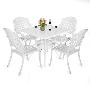 meetwarm 5-piece outdoor patio dining set, all-weather cast aluminum patio conversation set for backyard garden deck with 4 chairs, 4 cushions and 35.4" square table with umbrella hole, white