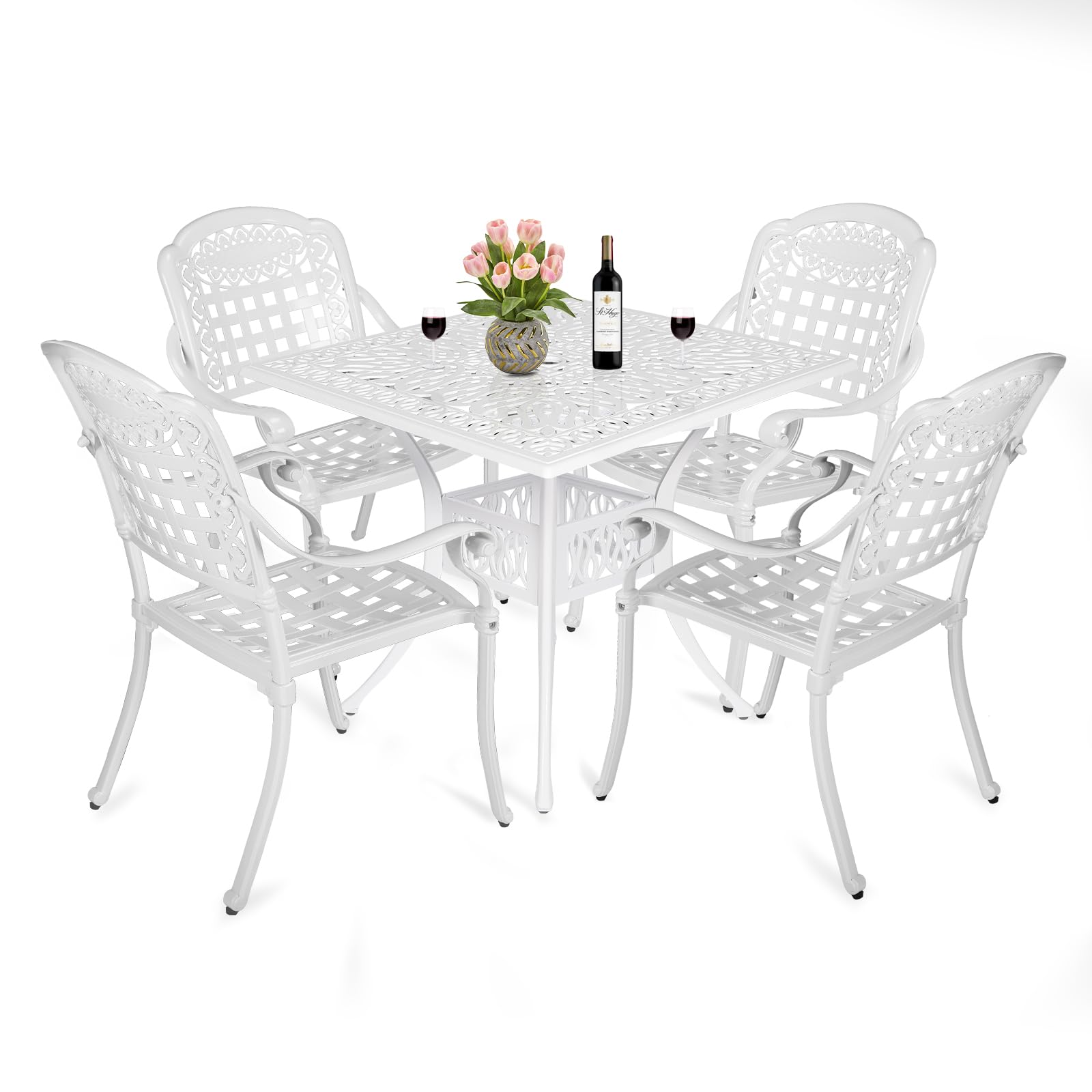 MEETWARM 5-Piece Outdoor Patio Dining Set, All-Weather Cast Aluminum Patio Conversation Set for Backyard Garden Deck with 4 Chairs, 4 Cushions and 35.4" Square Table with Umbrella Hole, White