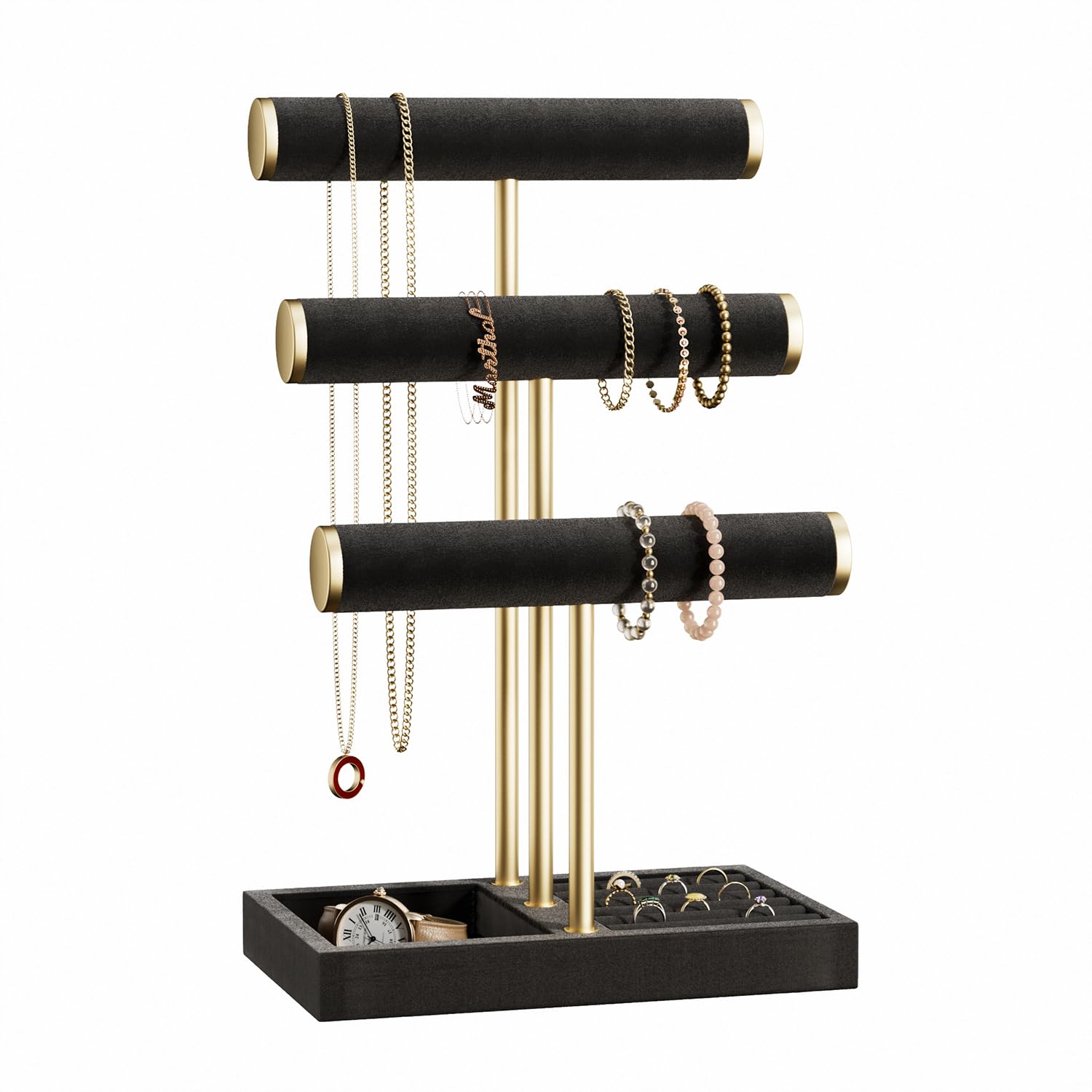 bussdis 3 Tier Bracelet Holder Display - Detachable T Bar Black Velvet Bracelet Holder, Jewelry Holder Organizer for Bracelet, Necklace, Watches, Rings