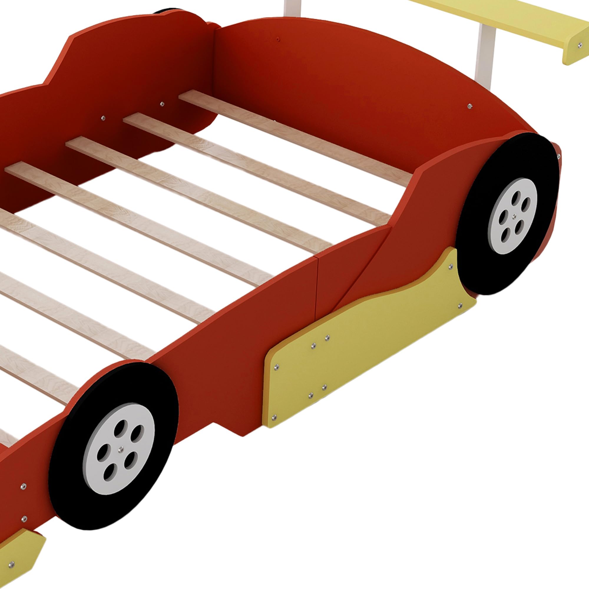 Full Size Race Car-Shaped Platform Bed with Wheels, Unique Wooden Car Bed Frame with Guardrails and Slat Support for Kids Boys Girls Teens Bedroom Furniture, No Box Spring Needed (Red-03, Full)