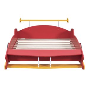 Full Size Race Car-Shaped Platform Bed with Wheels, Unique Wooden Car Bed Frame with Guardrails and Slat Support for Kids Boys Girls Teens Bedroom Furniture, No Box Spring Needed (Red-03, Full)