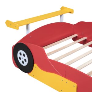 Full Size Race Car-Shaped Platform Bed with Wheels, Unique Wooden Car Bed Frame with Guardrails and Slat Support for Kids Boys Girls Teens Bedroom Furniture, No Box Spring Needed (Red-03, Full)