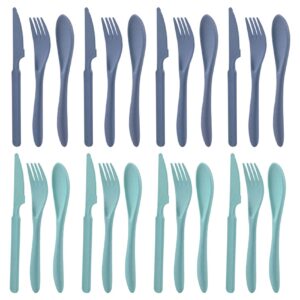 8 sets knives spoons and forks, thickened design wheat straw cutlery, reusable utensils set for kid or adult, fork spoon knife set for party, travel, work, picnic, camping (blue and green)