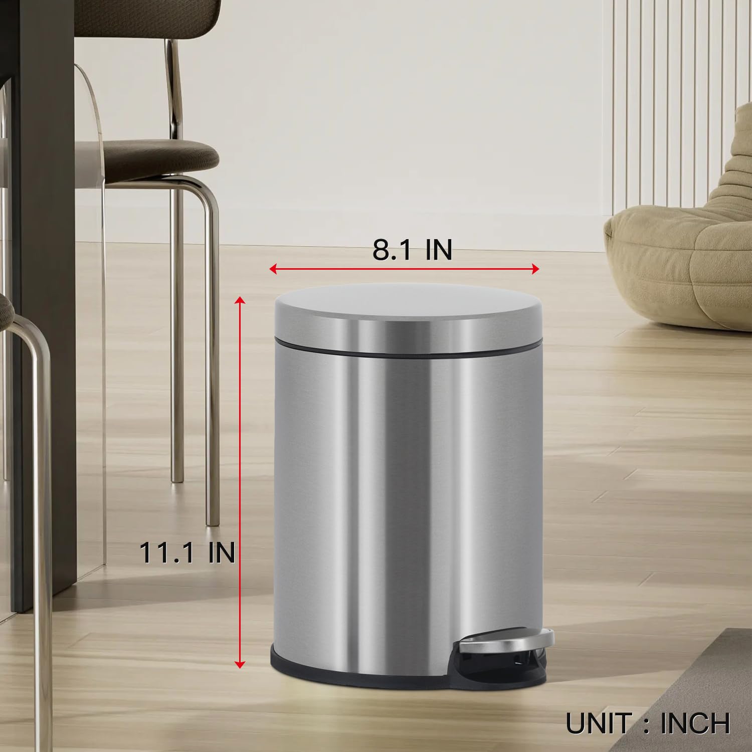 FDW 1 Sets of Trash Cans Mini Trash Can Stainless Steel Trash Bin with 6L/1.6Gallon Foot Pedal Modern Design for Bathroom,Bedroom,Office or Resturant (2)