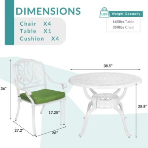 MEETWARM 5 Piece Patio Dining Set, Outdoor All-Weather Cast Aluminum Dining Table Set, Patio Furniture Set for Backyard Garden Deck, Include 4 Chairs, 4 Cushions and 1 Round Table, White