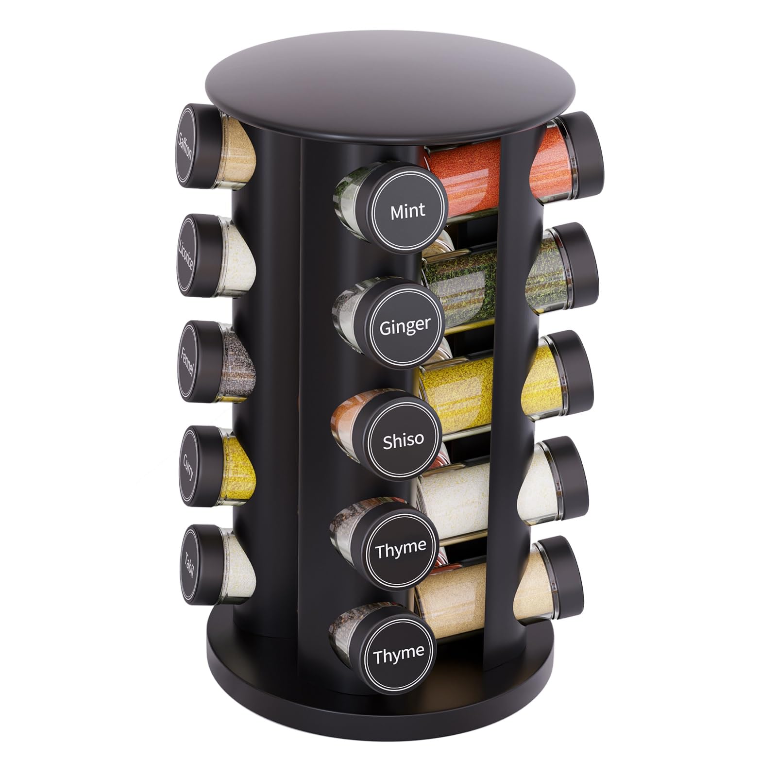 New England Stories Revolving Spice Rack Set with 20 Spice Jars, Kitchen Spice Tower Organizer for Countertop or Cabinet - Carousel Storage Includes 386 Spice Labels (Black)