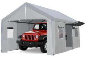 sxycmy carport 13×20 ft heavy duty car canopy with ventilated windows, removable sidewalls & roll-up doors, portable garage boat party tent, reinforced triangular beam, all-season tarp for suv, truck