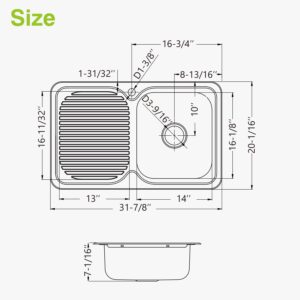 Naiture Drop-In Kitchen Sink, Rectangular Single Bowl Top Mount Sink, 21-Gauge 304 Stainless Steel, 32"L with Left Drainboard and Single Faucet Hole