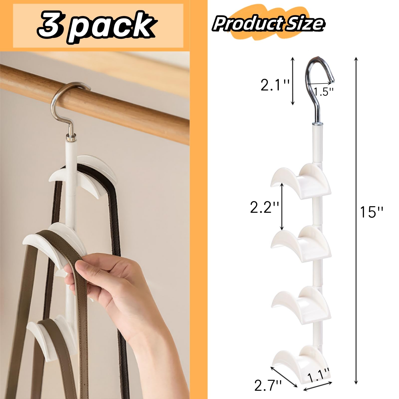 Lyellfe 3 Pack Purse Hanger for Closet, 360°Rotatable Handbag Tote Bag Hooks, Space Saving 4 in 1 Bag Hanging Organizer for Belt, Scarves, Hat, Keep Straps in Good Shape