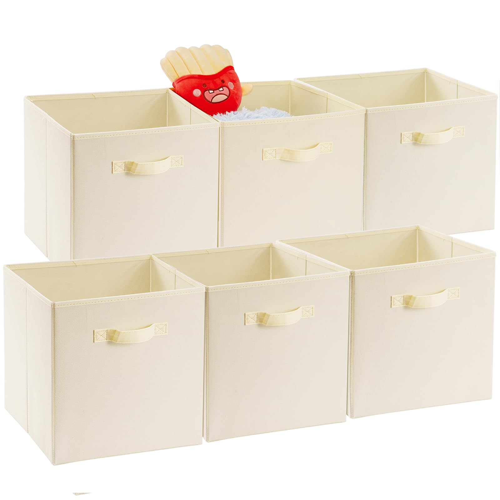 Homneat 13 inch Storage Cubes Bins 6 Pack, Foldable Fabric Cube Storage Bins 13x13x13 inch with Handle, Collapsible Storage Bins for Cabinet and Shelf, Cubical Storage Boxes for Closet Storage, Beige