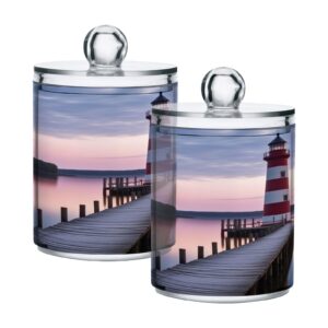 sdmka 2 pack apothecary jars bathroom lighted lighthouse qtip holder dispenser clear plastic storage canister jar with lid for cotton ball, cotton swab