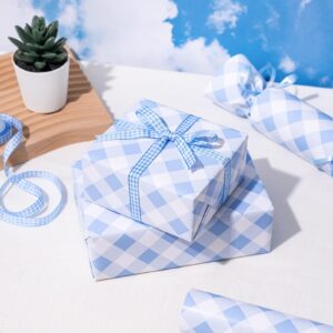 RUSPEPA Wrapping Paper - Mini Roll - Baby Blue Plaid White Background Design Perfect for Wedding, Birthday, Baby Shower, Party - 17.5 Inch X 32.8 Feet