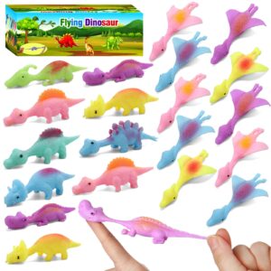 20 pcs slingshot dinosaur finger toys, party favors for kids sticky rubber dino flying catapult fidget toys for boys girls birthday goodie bag easter basket stuffers valentines xmas gifts