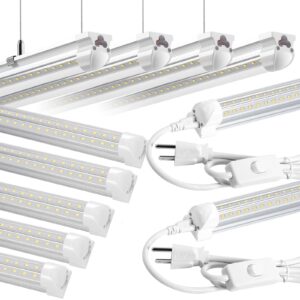 phiwicsh 8ft led shop light 10 pack, hanging/surface mount 6000k/white light led tube light, plug & play 72w 11520lm super bright high output t8 led ceiling lighting, linkable shop lights for garage