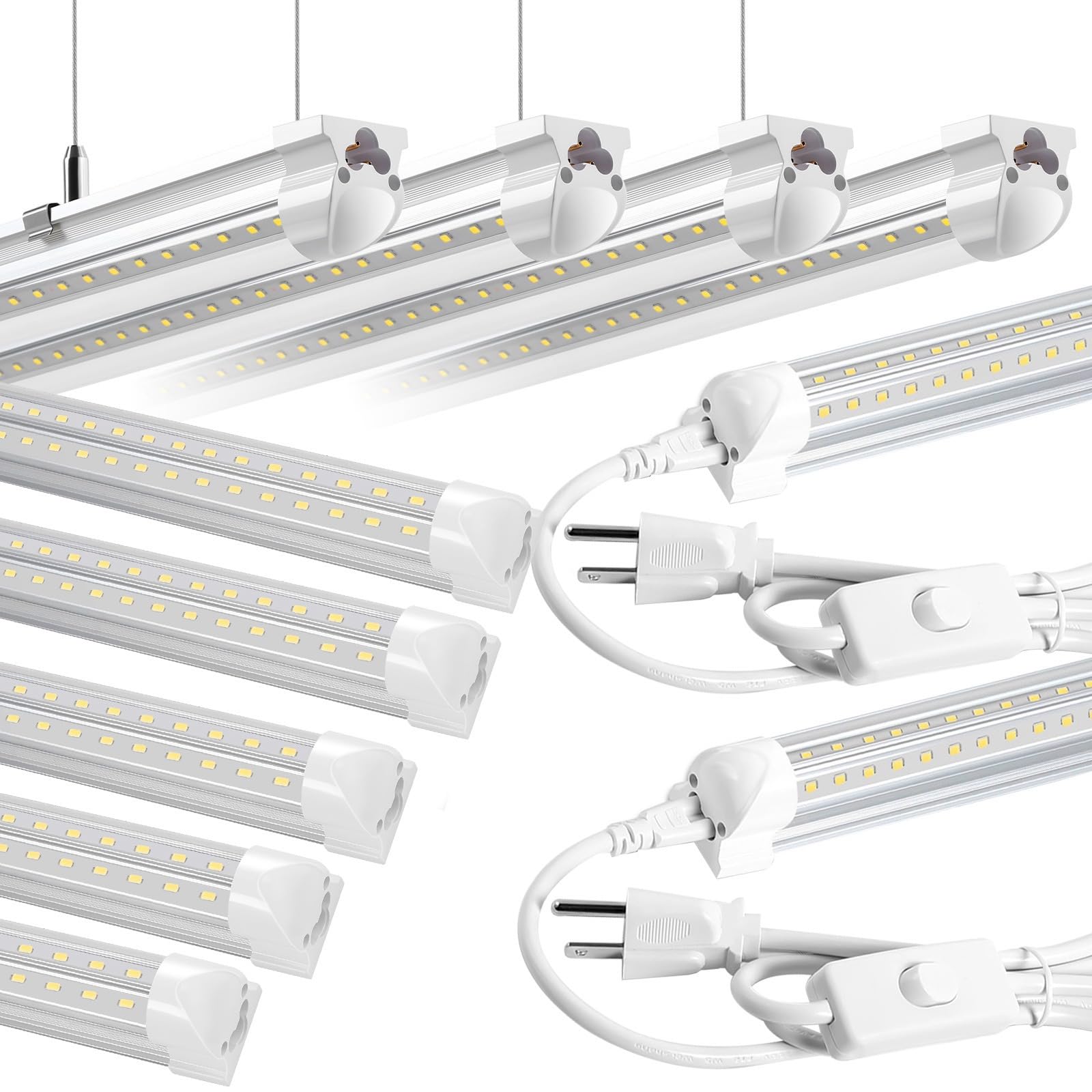 Phiwicsh 8FT LED Shop Light 10 Pack, Hanging/Surface Mount 6000K/White Light LED Tube Light, Plug & Play 72W 11520LM Super Bright High Output T8 LED Ceiling Lighting, Linkable Shop Lights for Garage